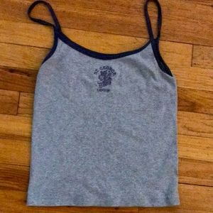 A crop top, it’s gray with dark blue straps and has a design in the front of it.